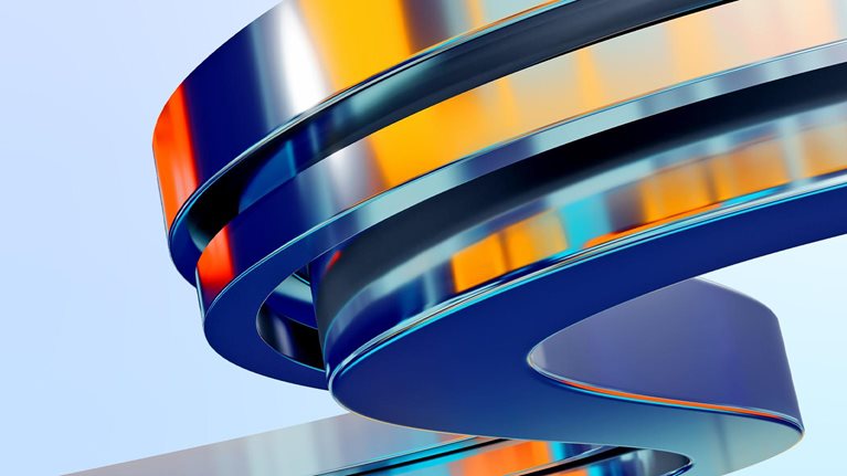 Image of a shiny metallic alloy 3D s-curve with orange, blue and purple reflections.