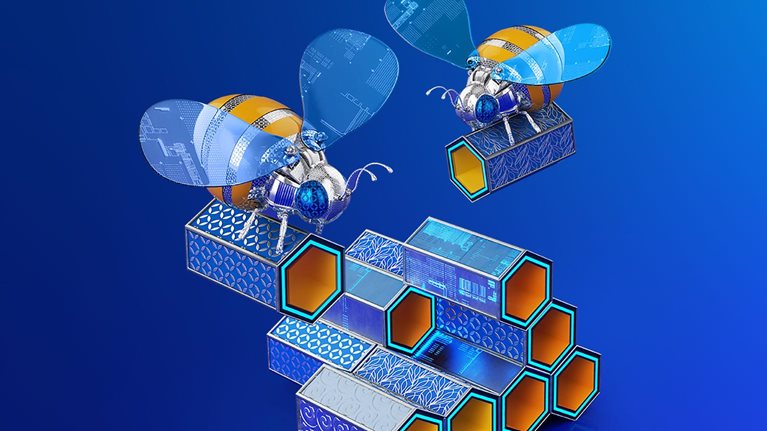 High-tech bees buzz with purpose, meticulously arranging digital hexagonal cylinders into a precisely stacked formation.