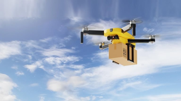 Anonymous flying delivery drone delivery parcel box to customer on the sky. Business technology and industrial concept. 3D illustration rendering - stock photo