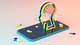 Abstract 3D representation of artificial intelligence: a stylized silhouette of a head with a pixelated brain placed atop a cell phone, surrounded by a network emanating from the head.