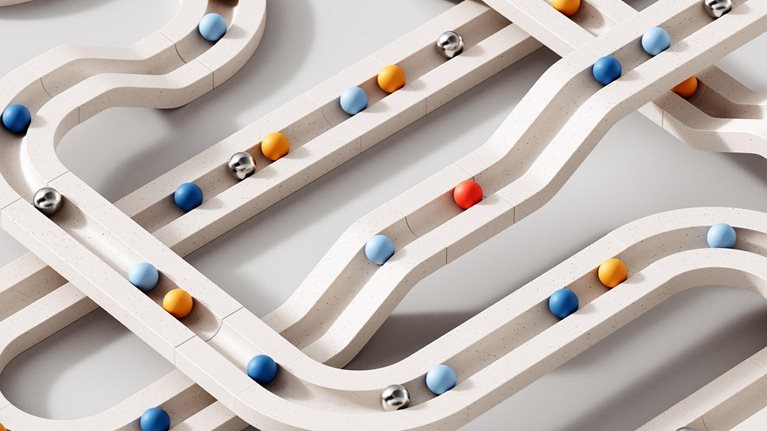 3D image of rolling objects along a path. The concept of choice.