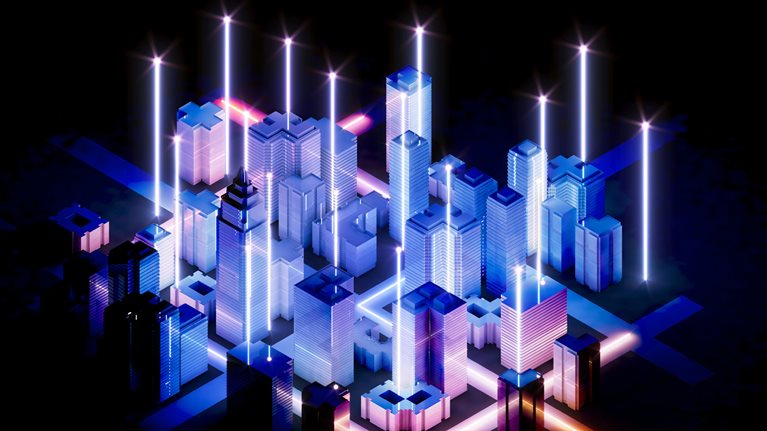 A futuristic, stylized city at night. The buildings glow with blue and pink hues, and beams of light shoot upwards from various structures.