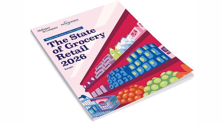 This image is the cover of The State of Grocery Retail Europe 2026, a report analyzing market trends and industry challenges.