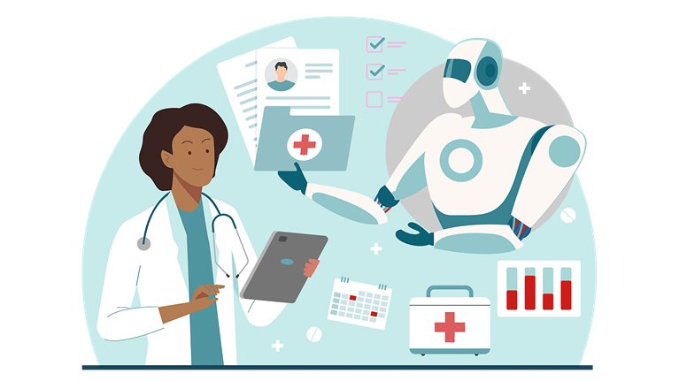Illustration of a female medical professional speaking with an AI robot