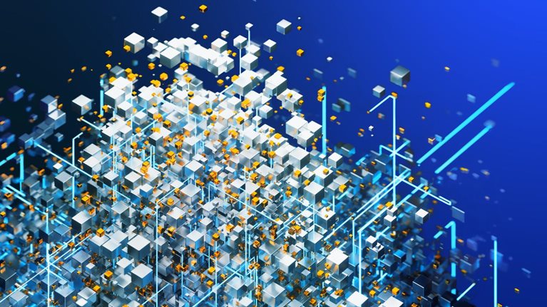 A cluster of silver and white cubes with scattered orange accents, resembling a complex network or data structure. Connecting the cubes are bright blue lines, against a blue gradient background.