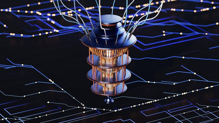 A futuristic quantum computer sits atop a glowing circuit board, symbolizing advanced technology, artificial intelligence, and the future of data processing. The intricate circuitry beneath the device highlights the complexity and power of quantum computing.