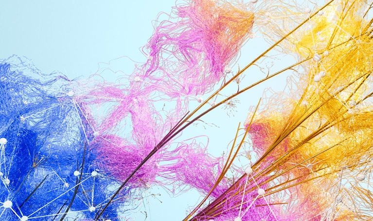 A network of vibrant threads, transitioning from blue to pink to golden yellow, sprouts over a lattice of crisscrossing branches and small white beads, all against a soft blue backdrop.