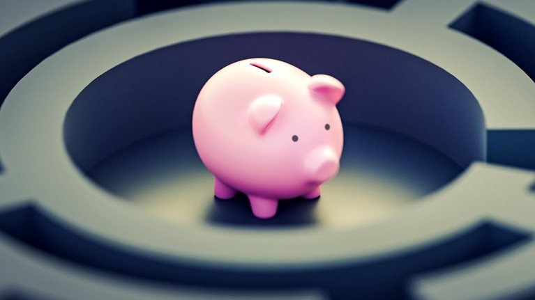 A pink piggy bank at the center of a gloomy gray maze.