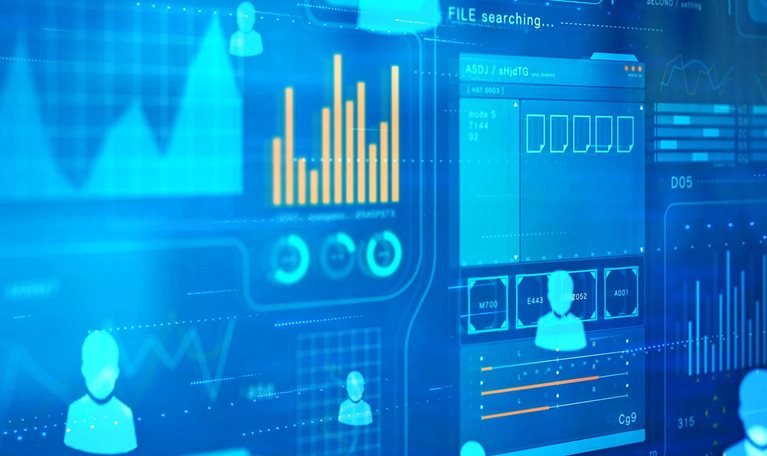 The image depicts a digital interface with data visualizations and user profile icons, symbolizing data analytics, networked systems, or digital health technology