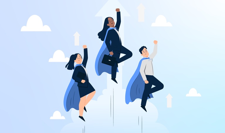 three business people in capes flying straight up in formation - illustration