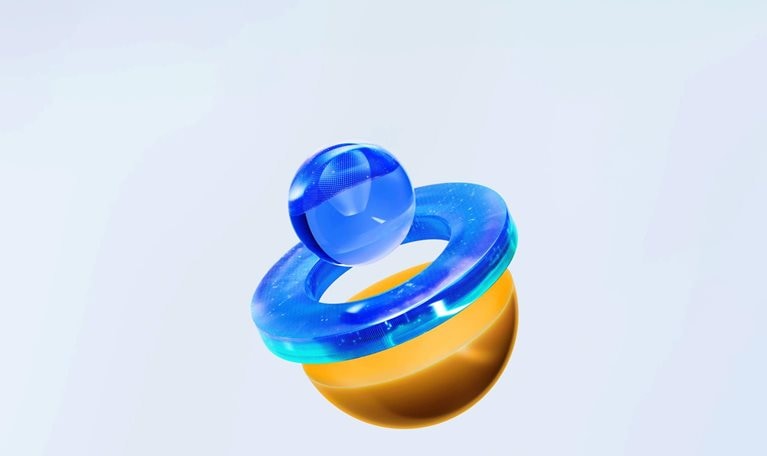 A clear, blue sphere rests above a matching, transparent ring, while an orange half-sphere hovers just below them. It seems as though the shapes have separated and taken on their own distinct forms.
