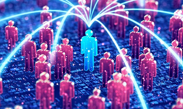 A 3D illustration focused on a central blue figure in the midst of many red figures with glowing lines connecting to the blue figure.