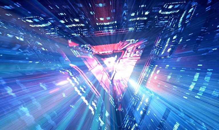 Abstract image of a triangle shape tunnel with light speed motion.