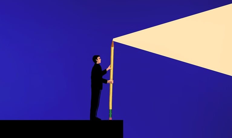 An illustration of a person holding an oversized pencil shining light out into the night sky.