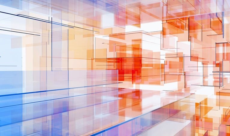 An abstract space made up of translucent rectangular panels in shades of blue and orange, with the orange hue concentrated at the furthest point and gradually shifting to blue.