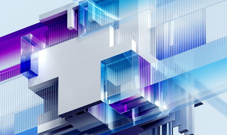 A digitally generated image of glowing futuristic cubes intersecting with digital data flowing in network structures.