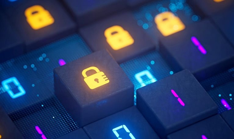A grid of dark blue cubes with a mix of glowing blue and magenta binary numbers and orange padlock icons.