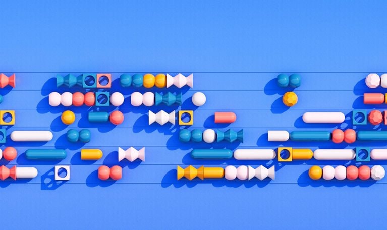 A conceptual representation of an abacus constructed using 3D objects such as spheres, cylinders, and geometric figures, organized in six rows.