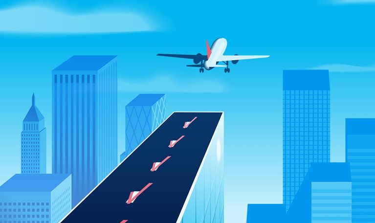 In the city skyline, a rooftop becomes a runway as a plane lifts off into the sky. In the middle of the runway are dividers shaped like checkboxes, each one marked with a checkmark.