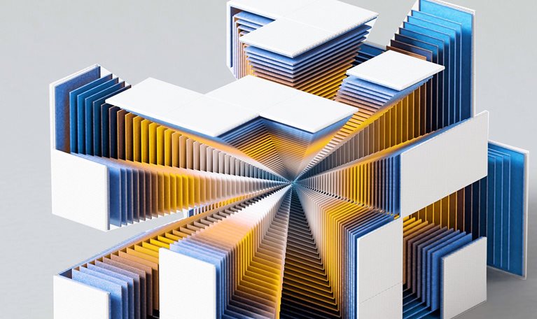 Digital generated image of a futuristic cube exploding into colorful layers