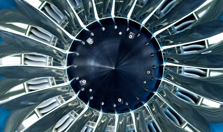 A model of a jet engine inside a factory