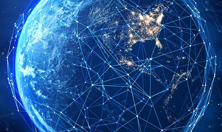 3D Render of Planet Earth with Digital Network. Night Side with Illuminated Cities Lights.