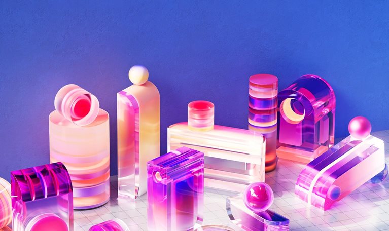 A collection of translucent, geometric shapes in vibrant pink and purple hues are arranged on a white grid. The colorful composition evokes a sense of modern design and abstract beauty products.