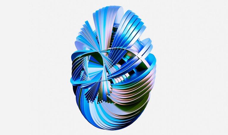 A complex abstract 3D shape made of layered, curved forms arranged into a spherical structure. It is rendered in shades of blue, teal, and hints of green and purple, set against a clean, light background.
