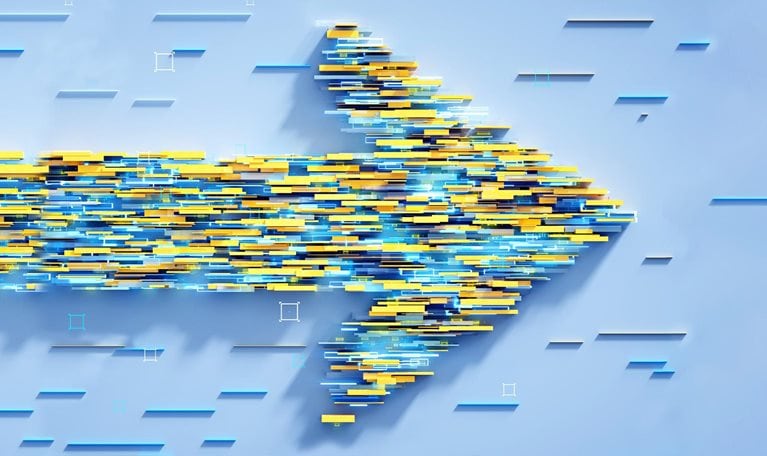 Abstract 3D image of numerous rectangles coming together to form an arrow.