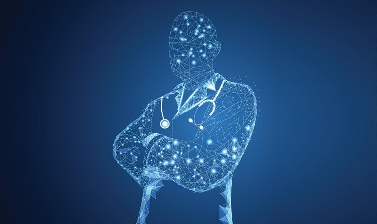 A digital wireframe of a doctor against a dark blue background