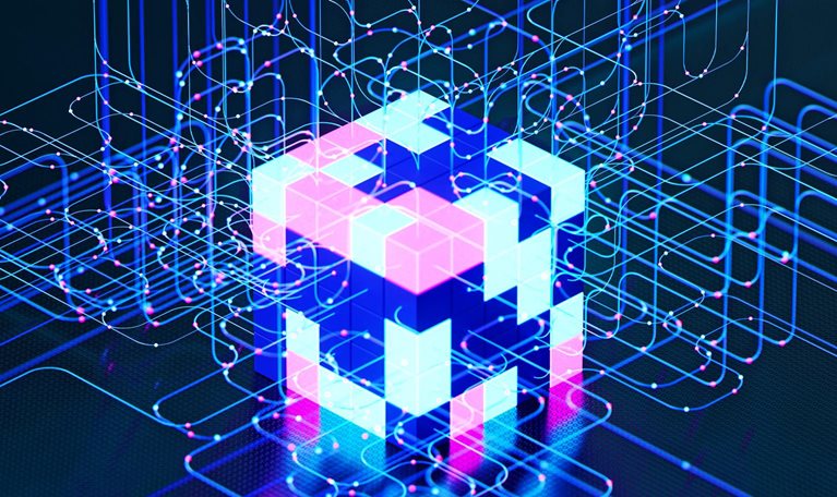 A glowing cube composed of smaller squares in shades of pink and blue, surrounded by interconnected lines and dots in the same colors.