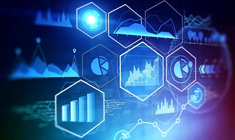 Futuristic image of a digital HUD interface with business infographics and data over a dark blue and purple background.