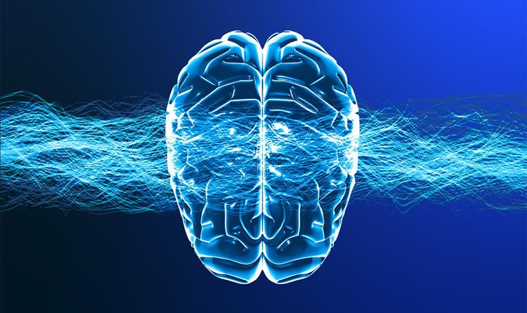 Image of the top view of a 3d modeled human brain with connection waves going through it.