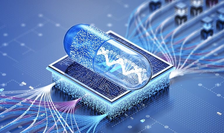 The image is a conceptual illustration of a digital pill or smart medication, symbolizing the integration of artificial intelligence (AI) and technology within the pharmaceutical industry.