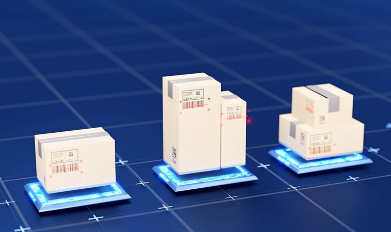 Three batches of cardboard shipping boxes placed on glowing blue platforms arranged across a grid-like digital surface. Red scanning indicators highlight barcodes on the boxes, suggesting an automated technology-driven logistics system.