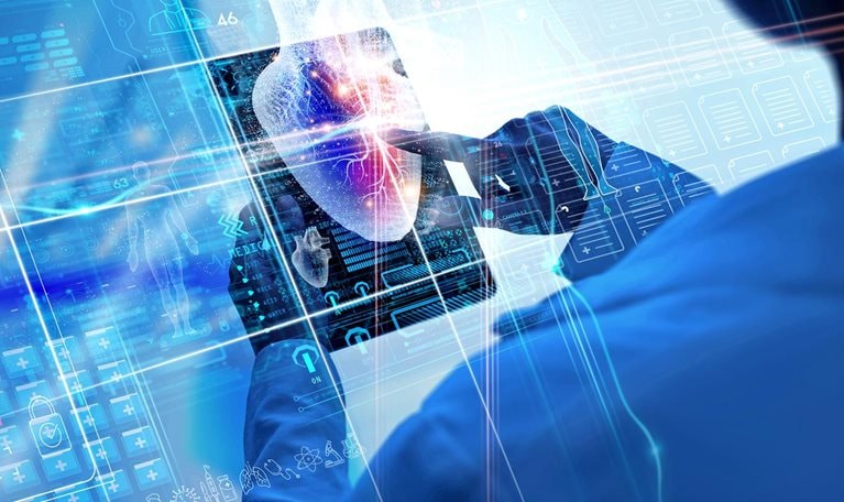 Cardiologist doctor check up report electronic medical record and examine heart function of patient on Digital tablet.