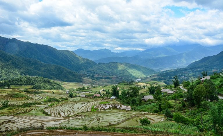 Terraced rice field with small village at summer in Lai Chau Province, Northern Vietnam.