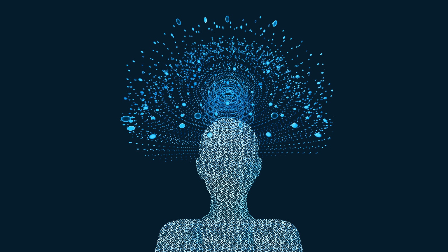 Silhouette of a human made out of a dot matrix with rings of blue dots radiating from their head on a dark blue background