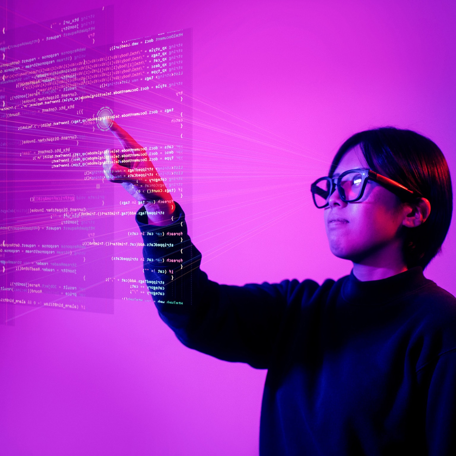 Young woman using virtual futuristic interface with smart glasses