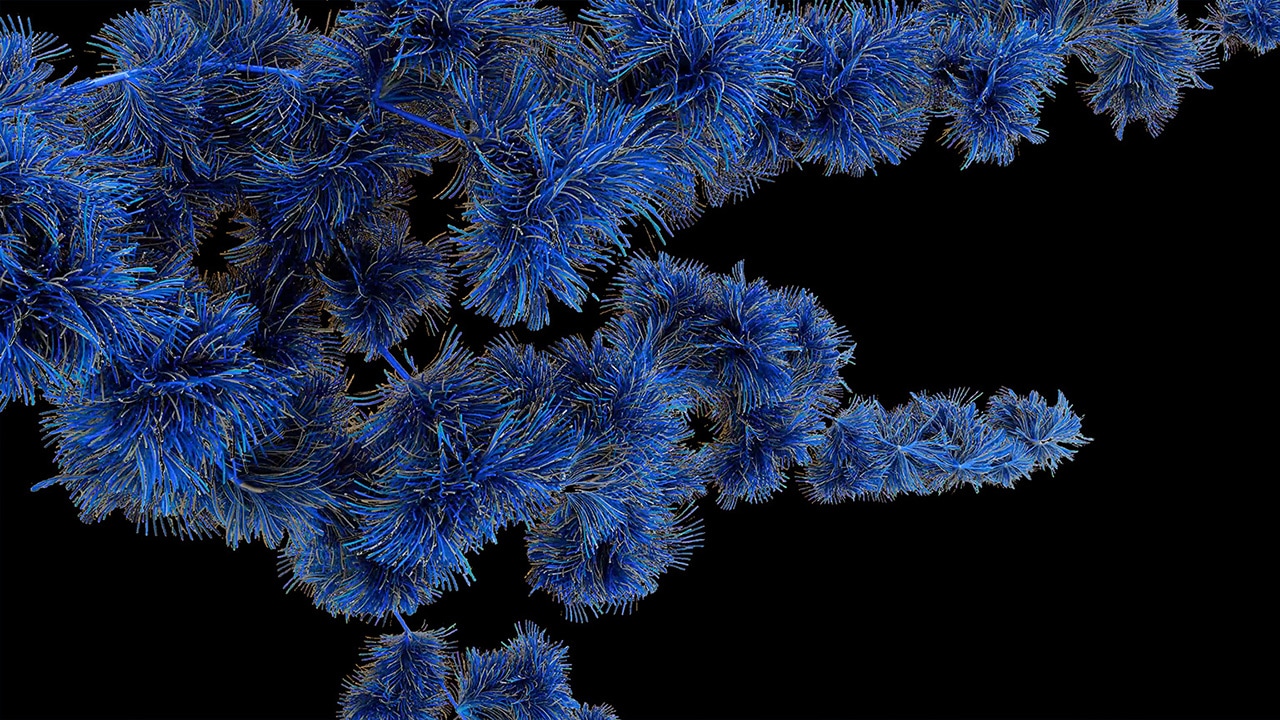 Abstract network of blue wires growing like a vine and blossoming with vibrant flowers like shapes. 