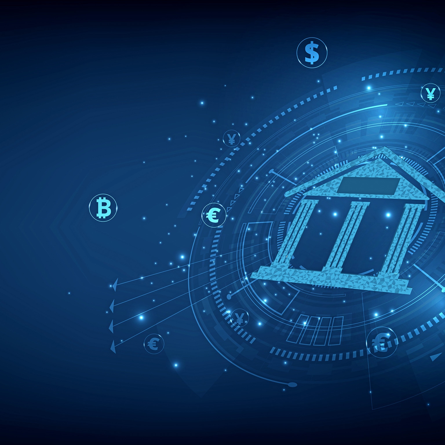 Isometric illustration of bank on dark blue technology background