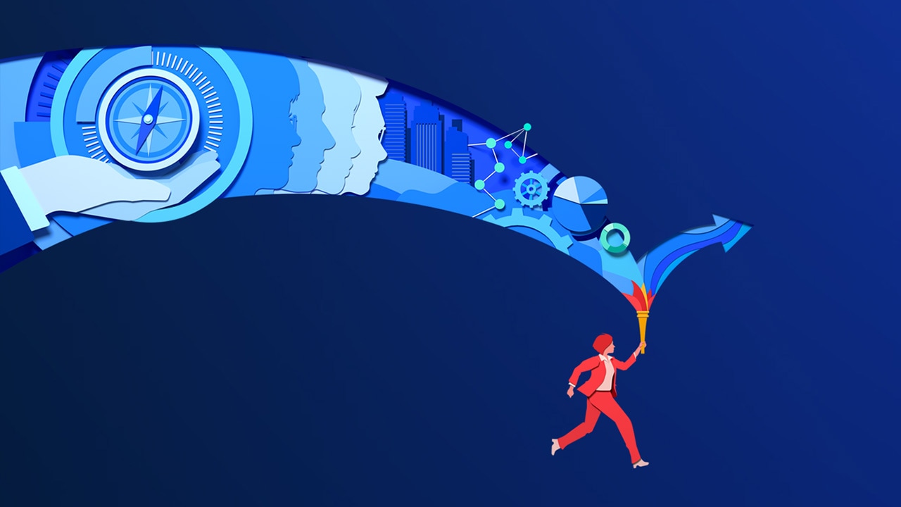 A paper-cut style illustration of a woman CEO running with an olympic torch. The shape of a forward pointing arrow emerges from the fire and is filled with shapes like charts, people, a compass, and modern buildings.