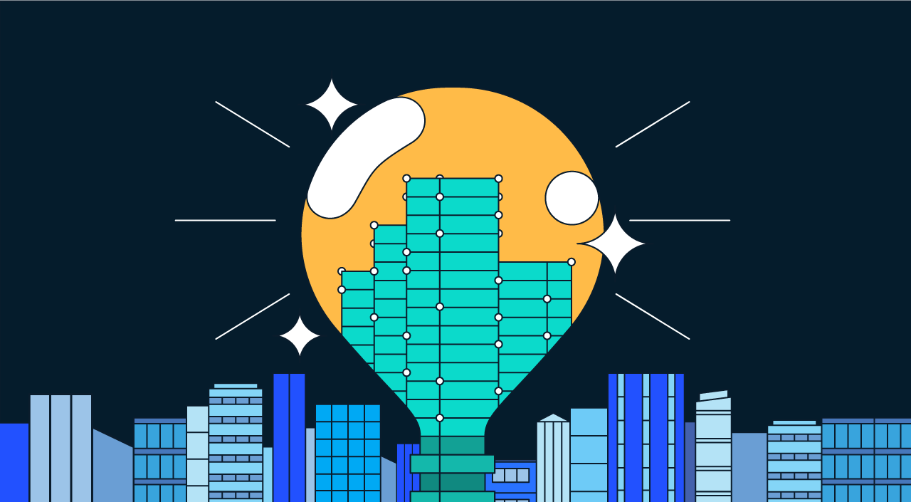 An illustration of a light bulb growing from within the skyline of a city. The light bulb towers over the skyline and sparkles and shines, revealing an office building inside of it. 

End of image description