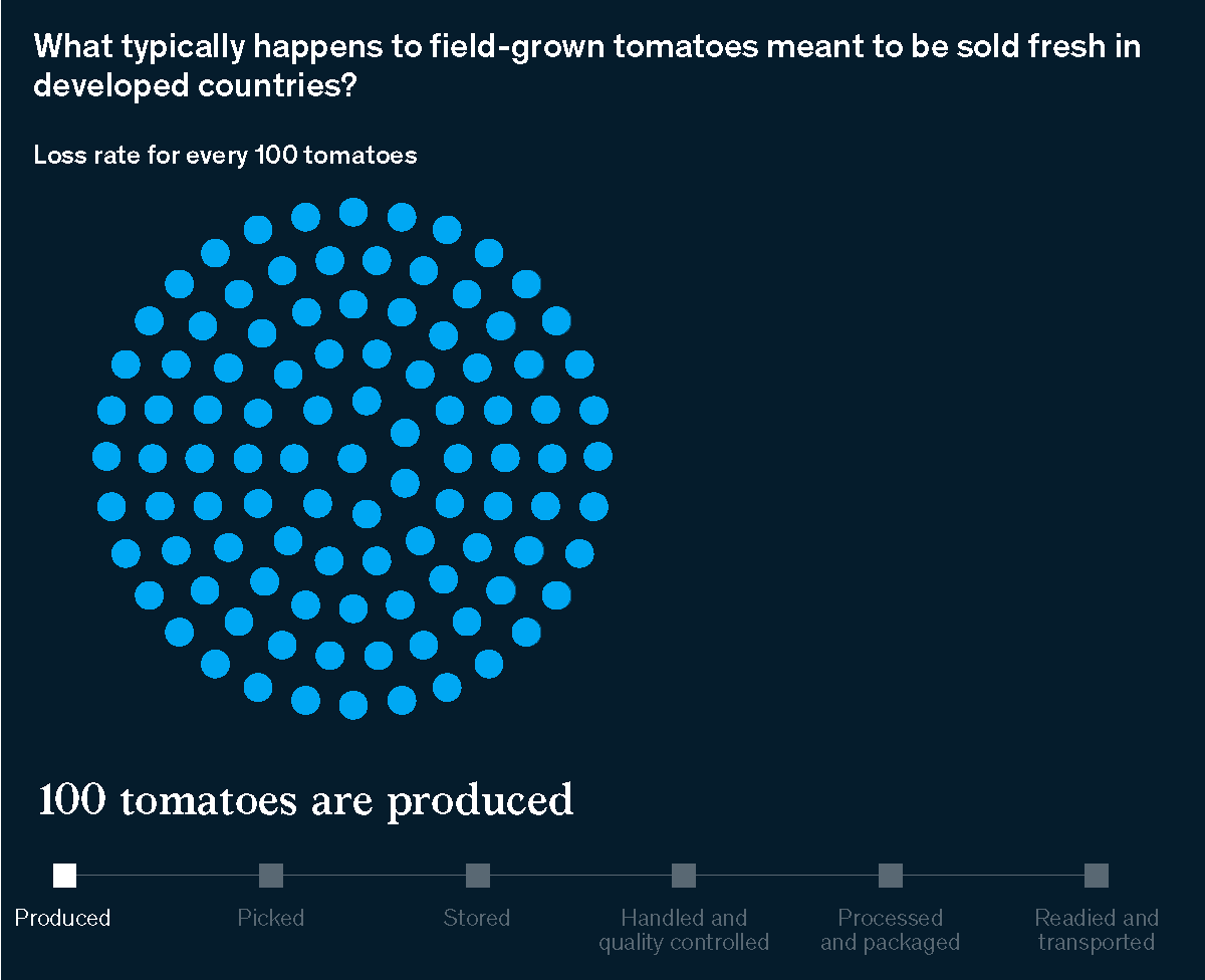 Chart detailing what typically happens to a field-grown tomatoes meant to be sold fresh in developed countries