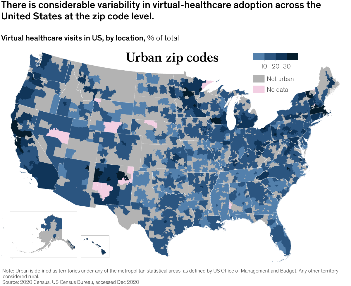 Map of virtual healthcare visits in US by location