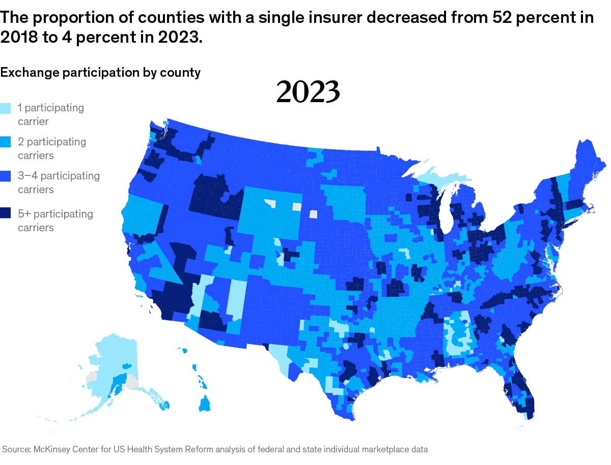 Graphic showing the insurer exchange participation by county in 2023.