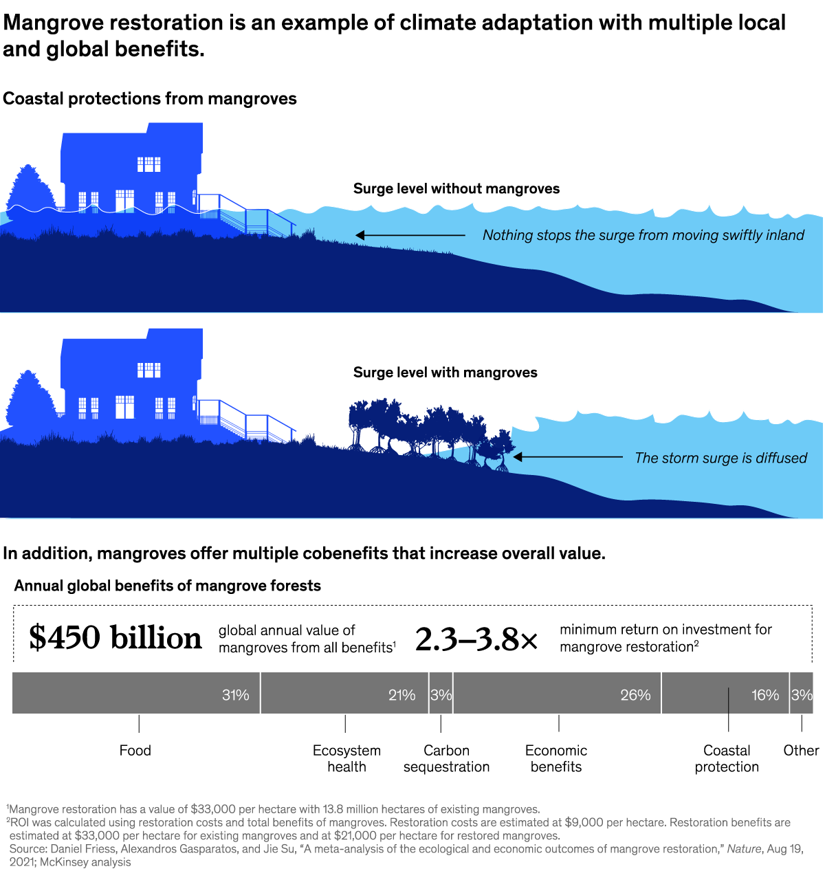 A chart titled “Mangrove restoration is an example of climate adaptation with multiple local and global benefits.” Click to open the full article on McKinsey.com.