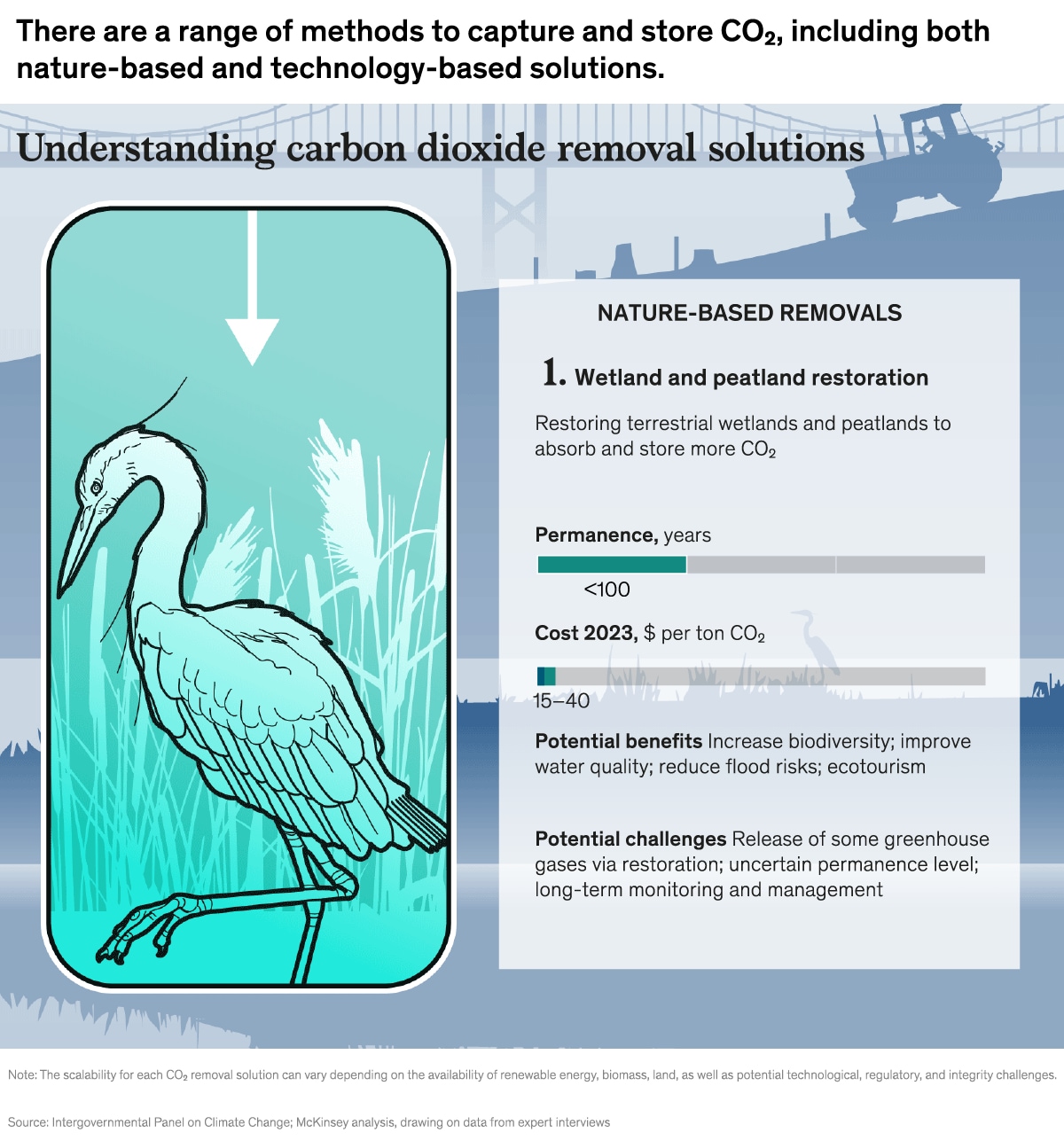 A chart titled There are a range of methods to capture and store CO2, including both nature-based and technology-based solutions.” Click to open the full article on McKinsey.com.