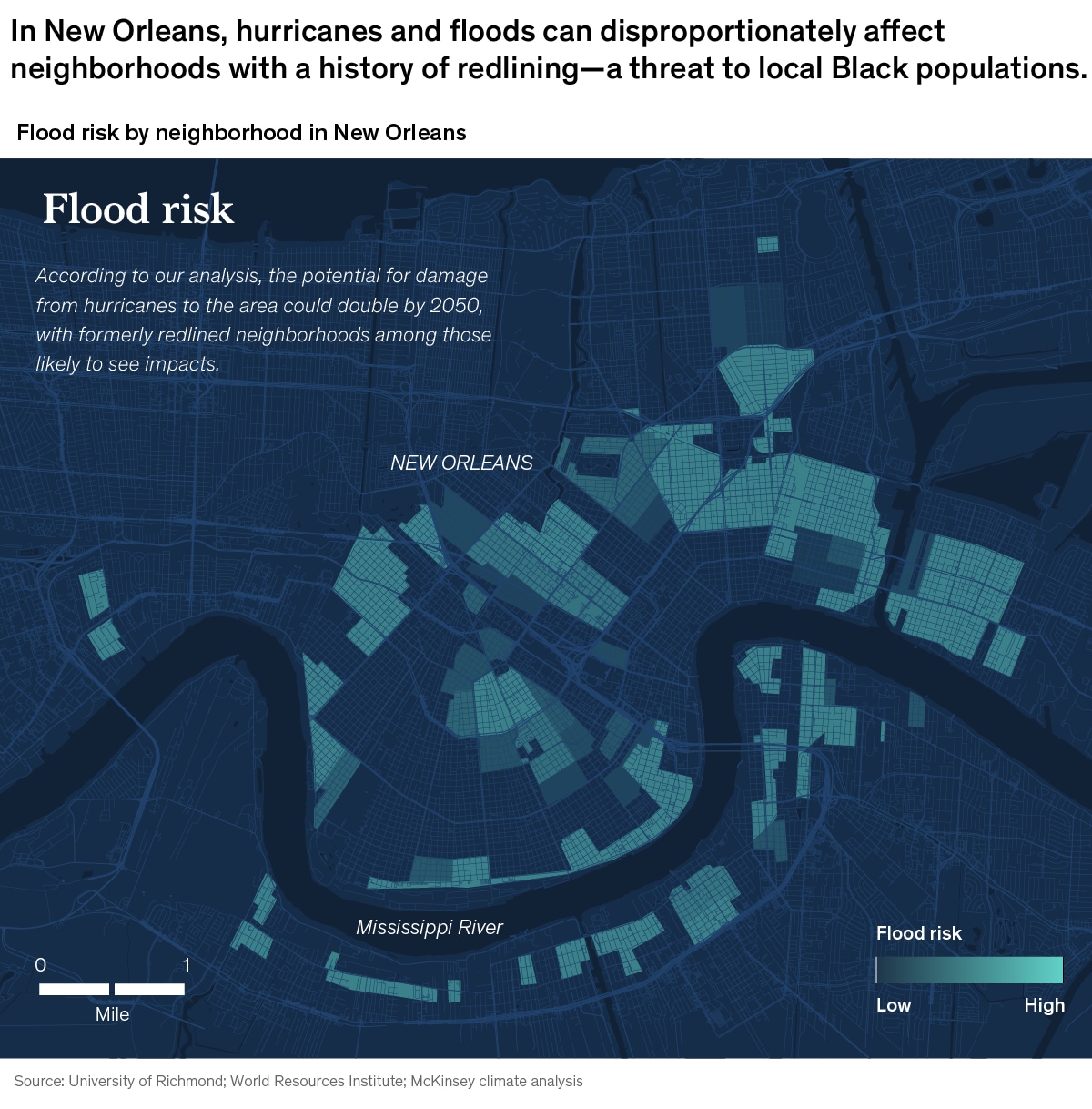 A chart titled “In New Orleans, hurricanes and floods can disproportionately affect neighborhoods with a history of readlining-a threat to local Black populations.” Click to open the full article on McKinsey.com.