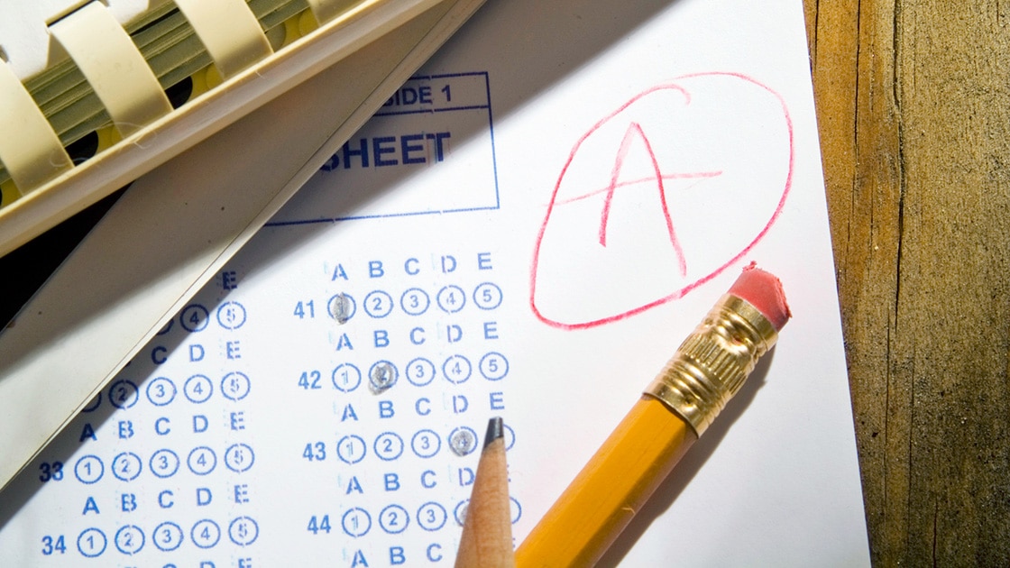 Image of a standardized test form with the letter A written in red and circled